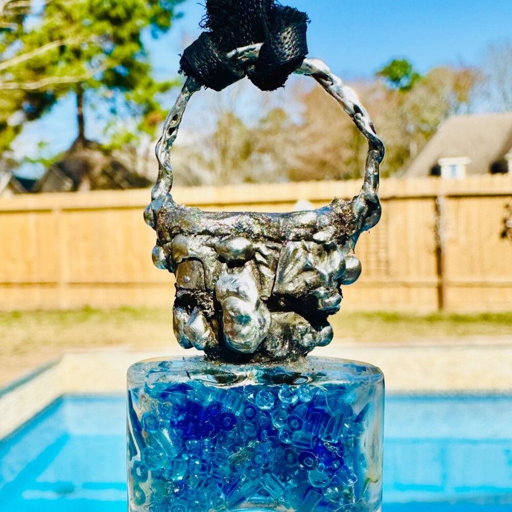 Repurposed VINTG Perfume Glass Bottle Pendant Necklace w Rustic Silver Metalwork - Picture 9 of 15